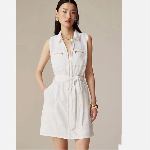 J Crew Zip Front Linen‎ Blend White Sleeveless Belted Dress Size 2 NEW Old Money - Picture 1 of 13